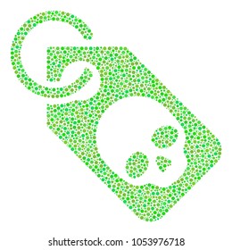 Death Skull Tag mosaic of round dots in variable sizes and eco green color tints. Small circles are organized into death skull tag vector composition. Eco vector design concept.