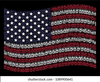 Death skull tag symbols are arranged into waving American flag abstraction on a dark background. Vector concept of American state flag is created from death skull tag elements.