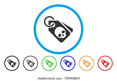 Death Skull Tags rounded icon. Vector illustration style is a gray flat iconic death skull tags symbol inside a circle. Additional color versions are black, grey, green, blue, red, orange.