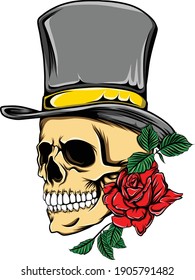 Death skull with the top hat and the red rose for the tattoos inspiration of illustration
