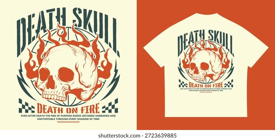 Tipografia de crânio da morte com crânio de cabeça em chamas em estilo urbano para design de camisetas, roupas de rua, mercadorias e impressão sob demanda
