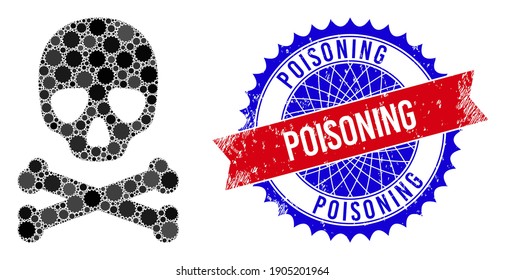 Death skull vector collage of sharp rosettes and POISONING textured stamp seal. Bicolor POISONING stamp uses rosette shape, red and blue colors.