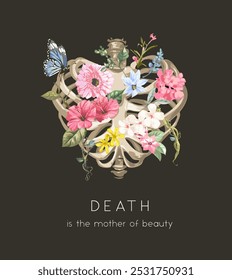 death slogan with colorful flowers in chest bone vector illustration on black background