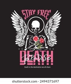 death slogan with skeleton with angel's wing graphic vector illustration on black background