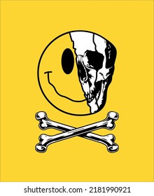 Death Smile with yellow background, skull trippy design art, free vector