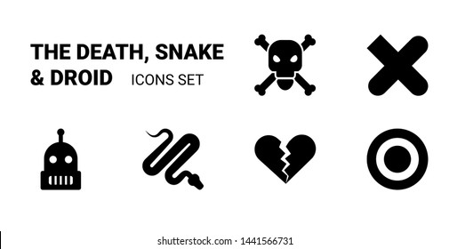 Death, Snake, Droid Icon Set. Set of Icons Contains Such Symbols as Robot, Snake, Death, Broken Love, Appointment and Exit.
