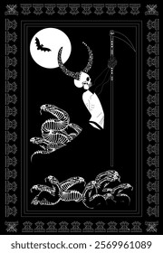 Death and Snakes. A skeletal figure with horns and a scythe stands against a black background, surrounded by a swirling mass of snakes. The figure is depicted in a dramatic pose, with its arms raised 