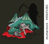 Death standing and looking at each other slain knight and dragon