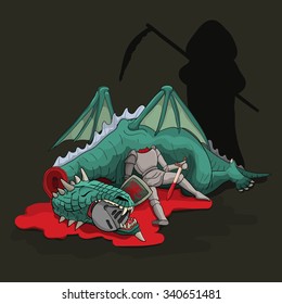 Death standing and looking at each other slain knight and dragon