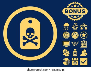 Death Sticker icon with bonus images. Vector illustration style is flat iconic symbols, yellow color, blue background.