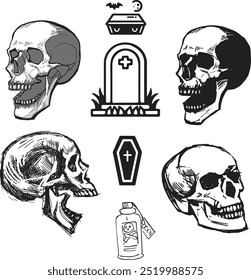 Death symbol silhouette black and white graphic clip art Halloween Design Drawing Zombie Skeleton Skull grave set human skulls contour engraving Witch item black and white isolated icon gray stain