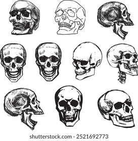 Death symbol silhouette black and white graphic clip art Halloween Design Drawing Zombie Skeleton Skull grave set human skulls contour engraving Witch item black and white isolated icon gray stain