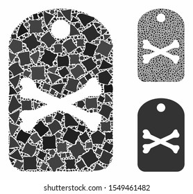 Death tag mosaic of irregular elements in different sizes and color hues, based on death tag icon. Vector irregular elements are organized into mosaic. Death tag icons collage with dotted pattern.