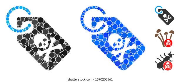 Death tag mosaic of small circles in various sizes and shades, based on death tag icon. Vector small circles are united into blue illustration. Dotted death tag icon in usual and blue versions.