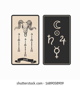 Death tarot card front and back. Tarot card with animal skull vector illustration.