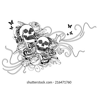 death two skulls and flowers black tattoo vector