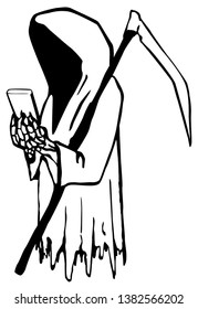 Death using phone device gadget cartoon character black, vector illustration, vertical, isolated, over white
