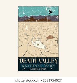 
death valley national park  vintage illustration template  graphic design. bull skull sign or symbol for America tourism travel for business with retro style.