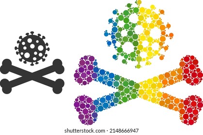 Icono de mosaico del virus de la muerte de puntos redondos de varios tamaños y tonos brillantes del arcoiris. Un virus mortal de color LGBT para lesbianas, gays, bisexuales y transgéneros. Icono vector en los colores de la bandera LGBT.
