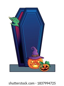 death zombie hand in coffin and pumpkins halloween icon vector illustration design