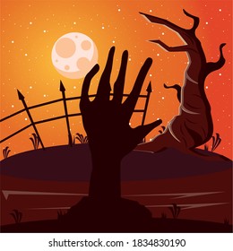 muerte de la mano zombie y la luna con el diseño de la ilustración del vector de la escena del árbol
