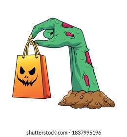 death zombie hand with shopping bag halloween icon vector illustration design