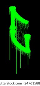 Death-metal font. Acid green letter on black background. Custom lettering.