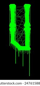 Death-metal font. Acid green letter on black background. Custom lettering.