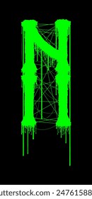 Death-metal font. Acid green letter on black background. Custom lettering.