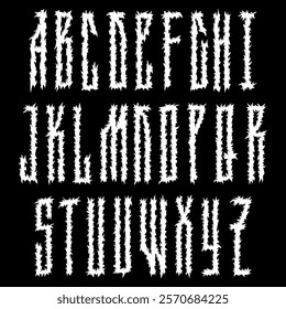 Death-metal font. Brutal alphabet on black background. Custom lettering.