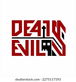 Deaths Evil word design with geometric cartoon cross and skull. T-shirt designs
