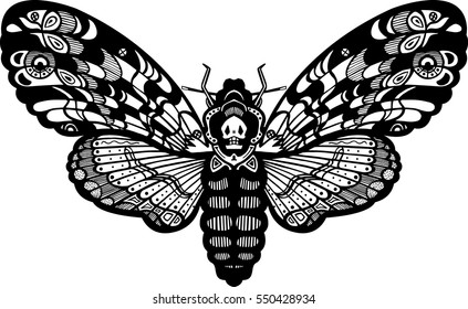 Deaths head hawk moth butterfly. Vector hand-draw illustration. Design tattoo art. 