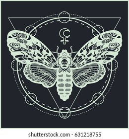 Deaths head hawk moth butterfly. Vector hand-draw illustration. Design tattoo art. Alchemical symbol
