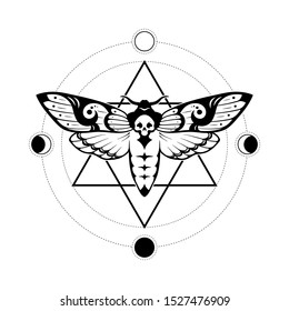 Deaths head hawk moth and sacred geometry with moon phases hand drawn line art print or tattoo design vector illustration