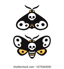 Death's head hawkmoth, moth with skull shape. Cartoon drawing of night butterfly with open and closed wings. Isolated vector clip art illustration, tattoo design.