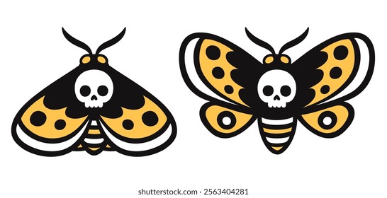 Death's head hawkmoth, moth with skull shape. Cartoon drawing of night butterfly with open and closed wings. Isolated vector clip art illustration, tattoo design.