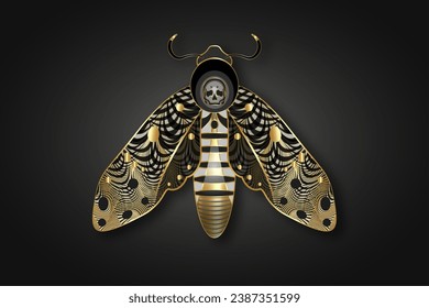 The death's head moth in dark gold colors. Night mystical butterfly with a skull. Golden luxury vector illustration of Acherontia winged insect isolated on black background 