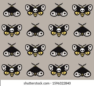 Death's head moth seamless pattern. Cartoon night butterfly with skull shape on wings. Vector background art illustration.