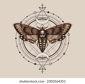 Death's-head hawk moth and sacred geometry lines. Witchcraft, occult attributes, alchemical signs. Moth design tattoo sketch. Hand drawn vector ink vintage illustration. For t-shirt print, poster