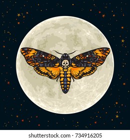 Death's-head hawkmoth on the full Moon background. Halloween decoration. Skull moth butterfly design for tattoo, t-shirt print, poster. Hand drawn vector illustration isolated.