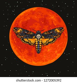 Death's-head hawkmoth on the full red Moon background. Halloween decoration. Skull moth butterfly design for tattoo, t-shirt print, poster. Hand drawn vector illustration isolated.