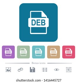 DEB file format white flat icons on color rounded square backgrounds. 6 bonus icons included