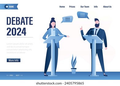 Debate 2024 before vote, landing page template. Leaders of opposing political parties talking on public debates. Two politicians debate on rostrum. Gender equality. Election campaign banner. vector