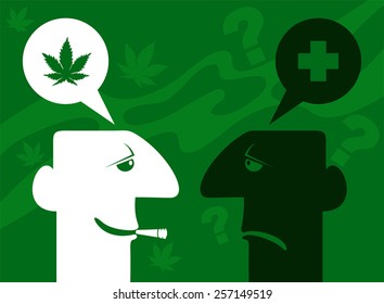 The debate about marijuana. Two simple head, discussing marijuana as a medicine.