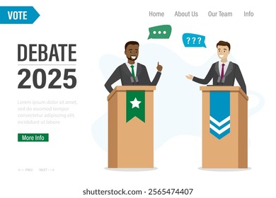 Debate before vote 2025 year, landing page template. Cartoon leaders of political parties conducting discussion on public debates. Politicians talk and discuss problems. Election campaign. vector