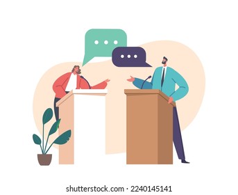 Debate Before Vote Concept with Male Female Leaders Of Opposing Political Parties Talking On Public Debates. Two Politician Characters Debate On Rostrum, Gender Equality. Cartoon Vector Illustration