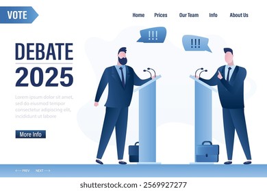 Debate before vote, landing page. Leaders of opposing political parties talking on public debates. Two politicians debate on rostrum, political show. Election campaign 2025 year. Vector Illustration