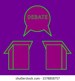 Debate between politicians election president vs. purple color two podiums Democrats vs. Republicans