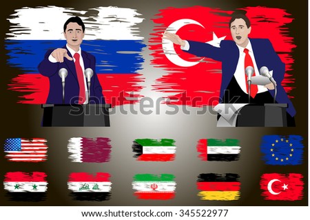 The debate between the speakers. Rhetoric, negotiation and dispute parties. Flag of Russia, Turkey, Syria, US, EU, Iran, Iraq, UAE, Kuwait, Germany and other countries.  Vector. Icon.