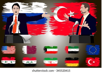 The debate between the speakers. Rhetoric, negotiations and disputes parties. Flag of Russia, Turkey, Syria, US, EU, Iran, Iraq, UAE, Kuwait, Germany and other countries.  Vector. Icon.